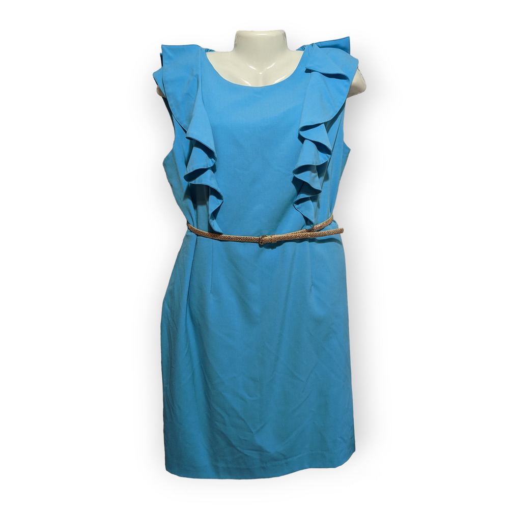 Calvin Klein Light Blue Silver Belted Short Sleeve Ruffle Sheath Dress 16